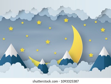 Origami made mobile paper yellow stars, clouds, mountains and a half moon in night background. paper art design and craft style.
