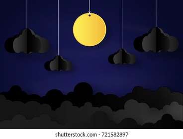 Origami made mobile paper yellow star and cloud and a moon in night background. paper art design and craft style