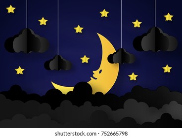 Origami made mobile paper yellow star and cloud and a half moon in night background. paper art design and craft style.