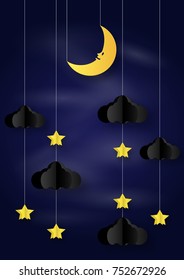 Origami made mobile paper yellow star and cloud and a half moon in night background. paper art design and craft style.
