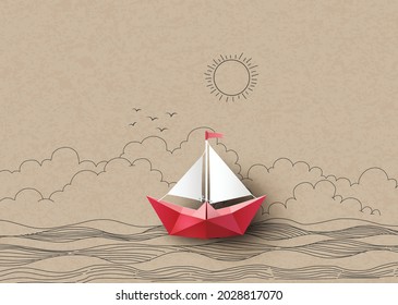 origami made paper sailing boat  hand drawing   paper cut 