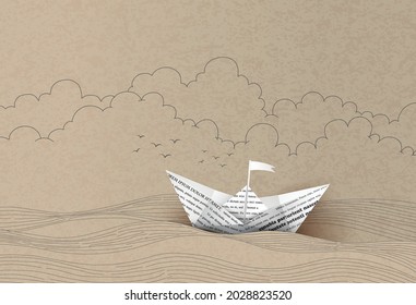 barco de vela de papel hecho con origami. dibujo a mano y corte de papel.