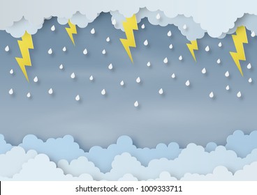 Origami made rainy weather forecast of Water drop and thunder with lightning in the sky, paper art design and craft style.