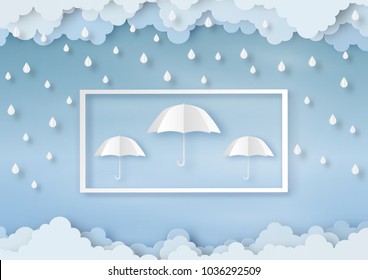 Origami made rainy weather forecast of Water drop on protection frame the umbrella, paper art design and craft style.