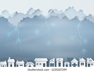 Origami made rainy weather forecast of the city has overcast sky and lightning, paper art design and craft style. vector and illustration.