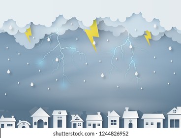 Origami made rainy weather forecast of the city has overcast sky and lightning, paper art design and craft style. vector and illustration.