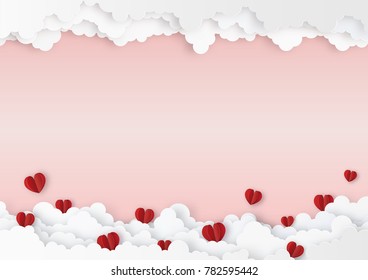 Origami made of the red hearts with clouds, copy space, paper art design and craft style. Valentine's concept. Vector illustration.