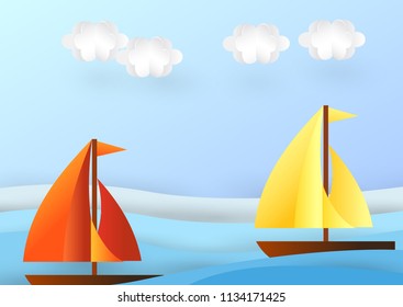 Origami made sailing boat floating on the sea .paper art style. Vector element illustration.