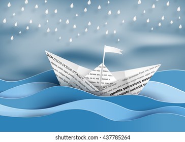 origami made sailing boat  and  raining .paper art style.