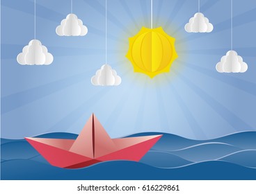 origami made sailing boat.paper art style.