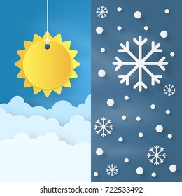 Origami made summer season with sun and cloud , Winter season with snow flake , on sky background. paper art design and craft style.