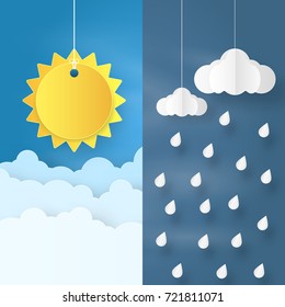 Origami made sun, cloud and rain drop on sky background. paper art design and craft style.