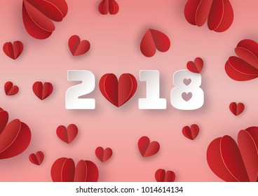 Origami made text " 2018 " with many felt hearts, paper art design and craft style. Valentine's concept. Vector illustration.
