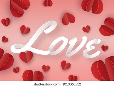 Origami made  text " LOVE with many felt hearts, paper art design and craft style. Valentine's concept. Vector illustration.