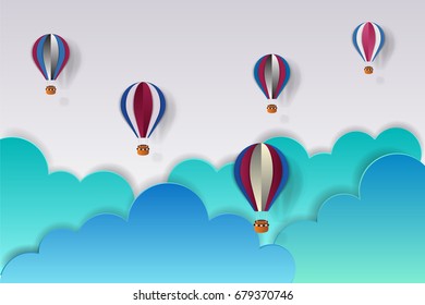 Origami made usa color hot air balloon and cloud.paper art style