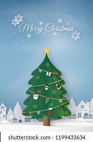  Origami made of Winter nature landscape with Christmas trees in city town on blue sky background, paper art design and craft style. Merry Christmas Concept.
