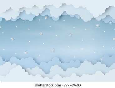 Origami made winter weather forecast of snowballs and snowflakes drop in the air on sky background, copy space, paper art design and craft style. Christmas concept.