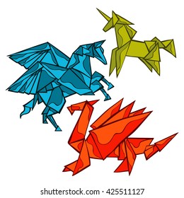 Origami. Magical animals: dragon, pegasus, unicorn. Heart. Isolated vector object on white background.