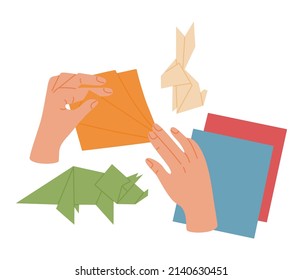 Origami making process. Hands with colored paper animal figurines. Creative workshop for kids. Vector illustration isolated on white background. Hand drawn in modern trendy flat cartoon style.