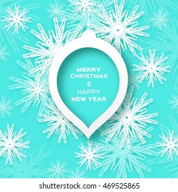 Origami Merry Christmas and Happy New Year card with snowflakes on blue background. Paper cut abstract vector illustration