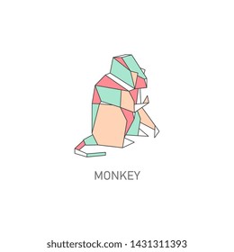 Origami monkey design isolated on white background. Geometric polygon animal shape in Japanese paper folding technique, flat vector illustration line art in muted pastel colors