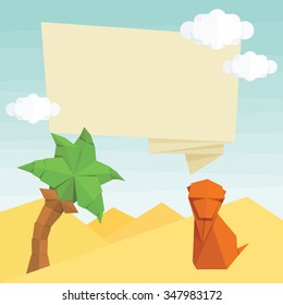 Origami monkey, palm tree, text baloon and clouds. Vector simple flat illustration. Summer cartoon