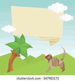 Origami monkey, palm tree, text baloon and clouds. Vector simple flat illustration. Summer cartoon