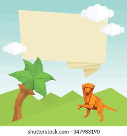Origami monkey, palm tree, text baloon and clouds. Vector simple flat illustration. Summer cartoon
