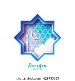 Origami Mosque Star Window Ramadan Kareem Greeting card with arabic arabesque pattern. Paper cut art Crescent Moon. Holy month of muslim. Symbol of Islam. Vector illustration.