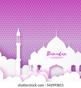 Origami Mosque Window Ramadan Kareem Greeting card with arabic arabesque geometric pattern on purple background. Holy month of muslim. Symbol of Islam. Applique Vector illustration.