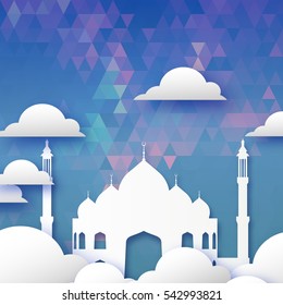Origami Mosque Window Ramadan Kareem Greeting card on blue geometric triangle pattern blue background. Holy month of muslim. Symbol of Islam. Applique Vector illustration.
