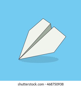Origami object. White paper plane on blue background