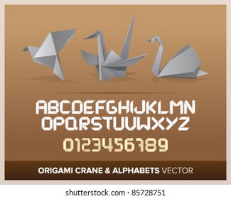 Origami objects with alphabet letters and numbers.