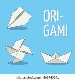 Origami objects. White on blue background. Plane, pinwheel and boat. Folded paper