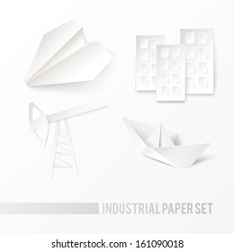 Origami oil pump, airplane, ship, house icons on a white background. Vector illustration, contains transparencies, gradients and effects.