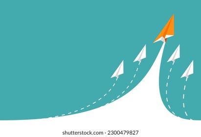 Origami orange paper plane leads to success. Startup, creative idea, business financial concept. Vector illustration for banner, poster, and background.