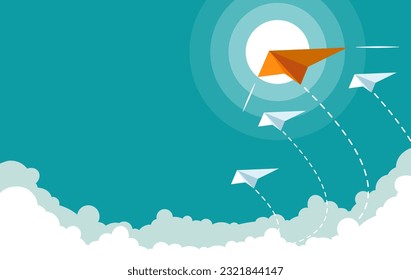 El plano de papel naranja origami lleva al éxito. La startup, idea creativa, financiera de negocios, concepto de competencia. Ilustración vectorial para banner, afiche y fondo.