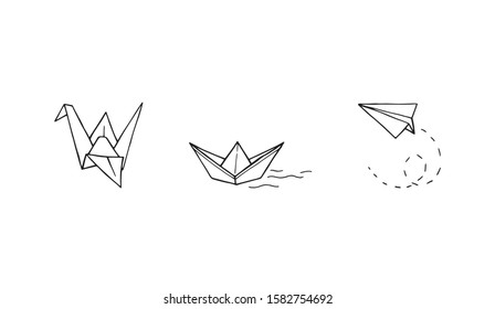 Origami outline set different random objects vector illustration. Crane or a swan. boat or a ship and plane made from folded paper silhouette drawing decoration. Origami logo symbols collection.