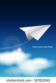 origami paper airplane flies during a clear sunny day above white clouds on a blue sky 