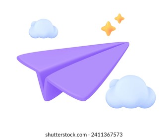 Origami paper airplane flying in the air email sending concept Message to the recipient. 3D vector illustration.