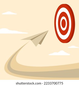 origami paper airplane flying through a dart board or bullseye archer target. Business goals or targets, challenge or improvement to achieve success, winning business competition or motivational.