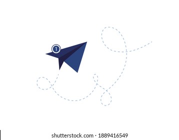 Origami paper airplane with sent message. New email notification. One notice. Blue. Flat design. Eps 10