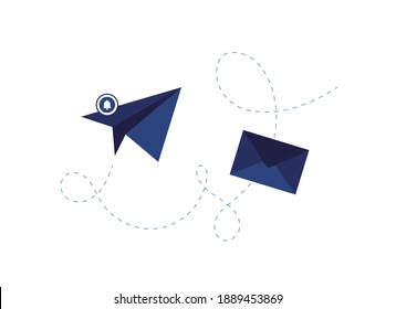 Origami paper airplane with sent message. Letter in an envelope. New email notification. One notice. Blue. Flat design. Eps 10