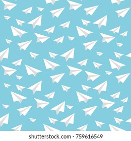Origami paper airplane vector seamless blue background