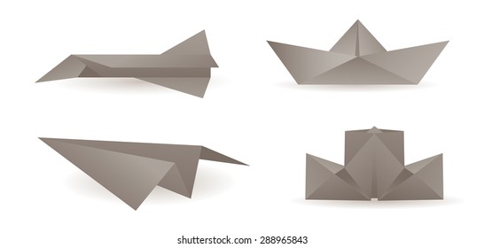 Origami. Paper airplanes and boats