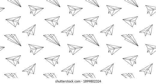 Origami paper airplanes endless pattern. Seamless black vector print with hand drawn plane icon. Ink drawing sketch illustration isolated on white background.
