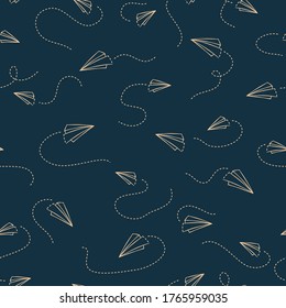 Origami paper airplanes pattern. Seamless vector background with hand drawn paper plane icon