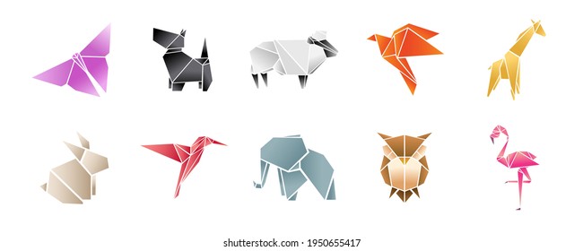 Origami paper animals asian creative vector art. Origami japan animal butterfly, dog terrier, elephant, owl, sheep, bird and giraffe illustration