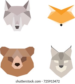 Origami paper animals vector set in flat style. Wolf, bear, fox, lynx head
