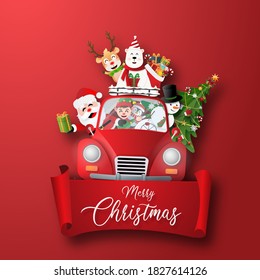 Origami Paper art of Christmas character and Christmas tree with red label, Merry Christmas and Happy New Year